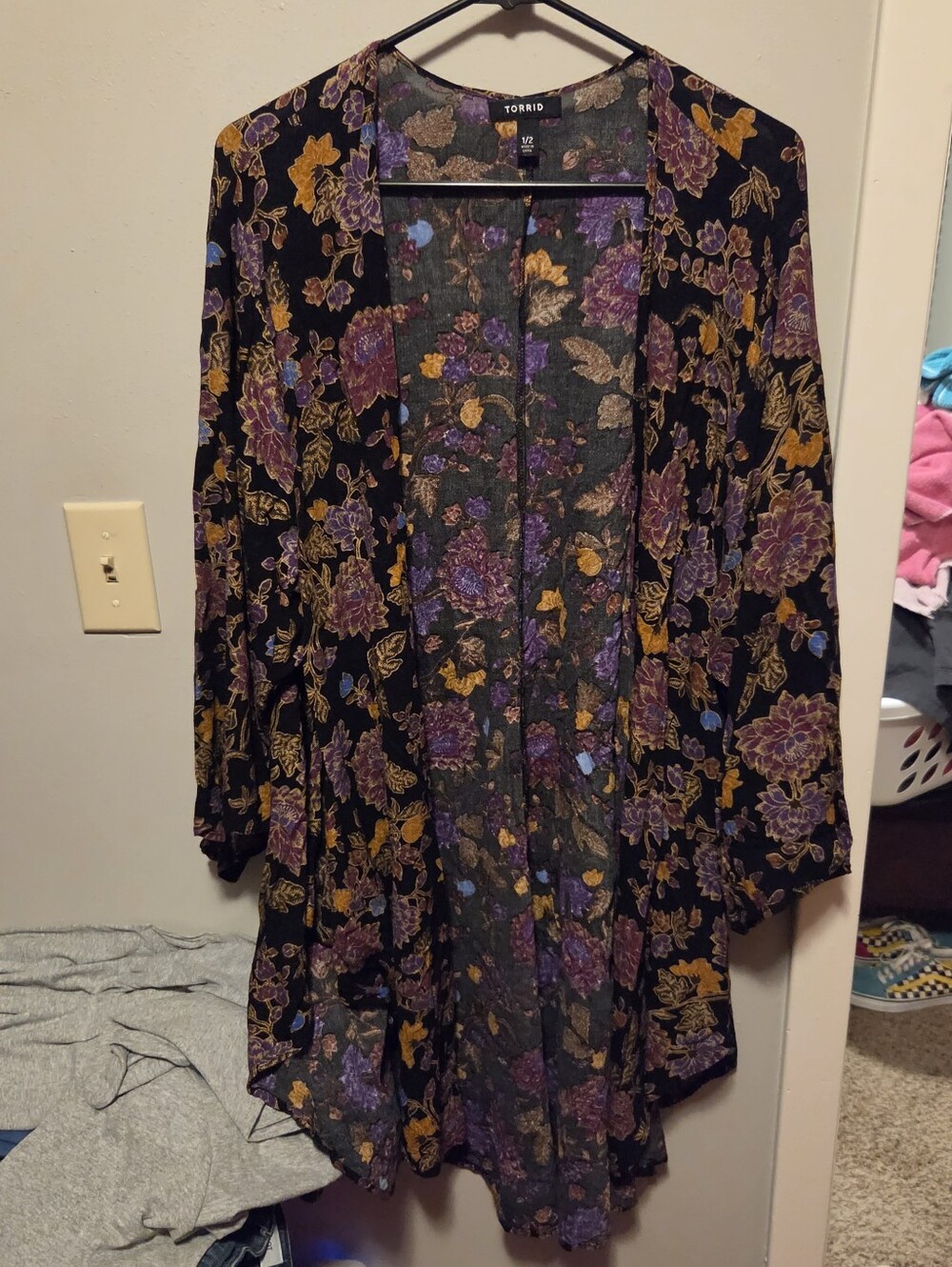 torrid Black Floral Open Front Kimono with Purple & Mustard Blooms
